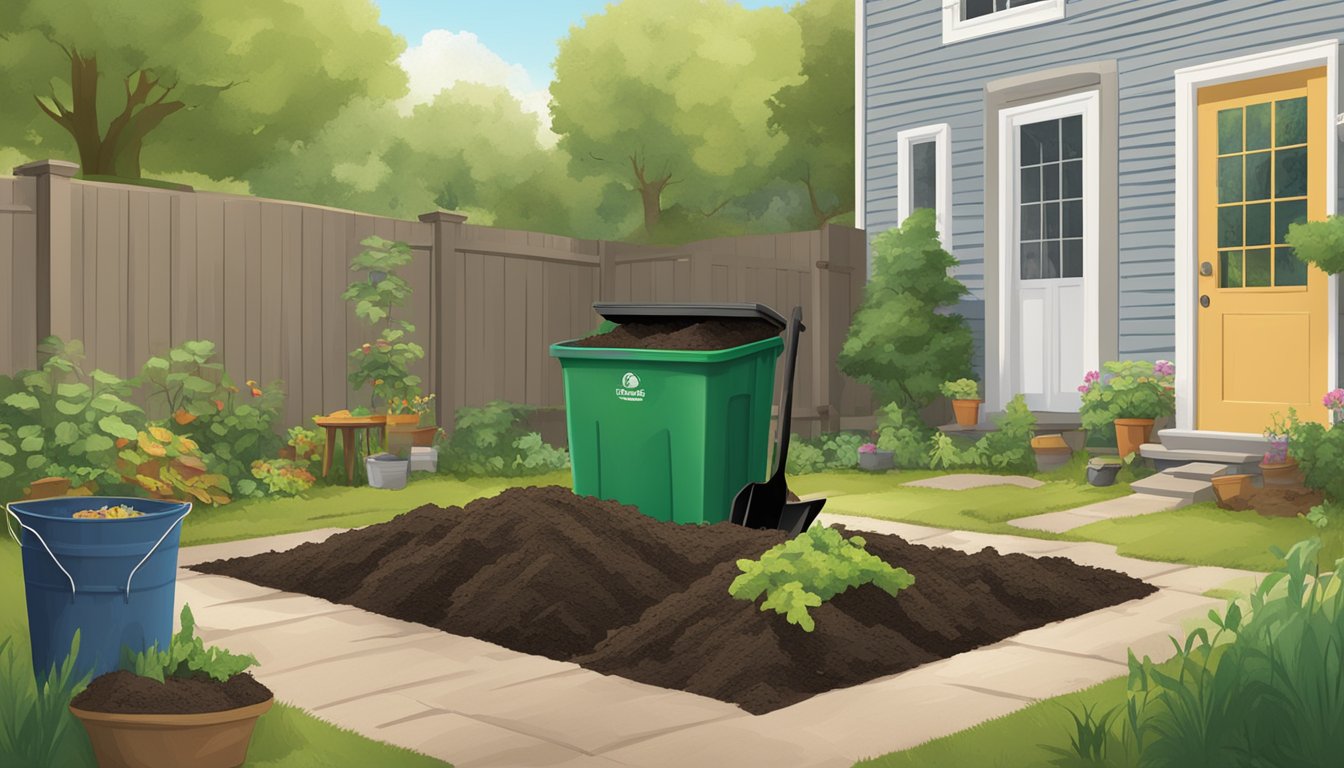 A serene backyard with a compost bin, a shovel, and various organic waste materials scattered around. A sign displaying "Rules and Regulations for Composting" is prominently placed nearby