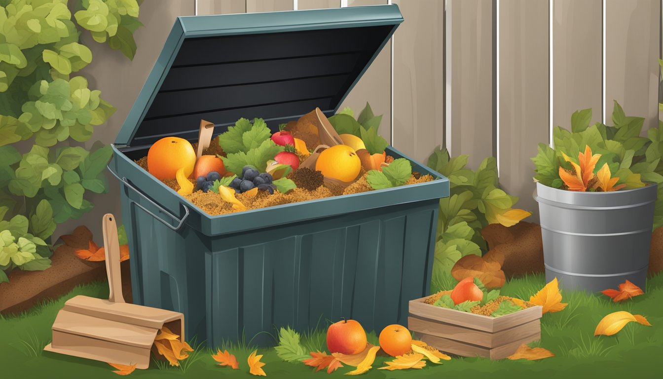 A backyard compost bin surrounded by a variety of organic materials such as fruit peels, leaves, and grass clippings. A small shovel and gardening gloves are nearby