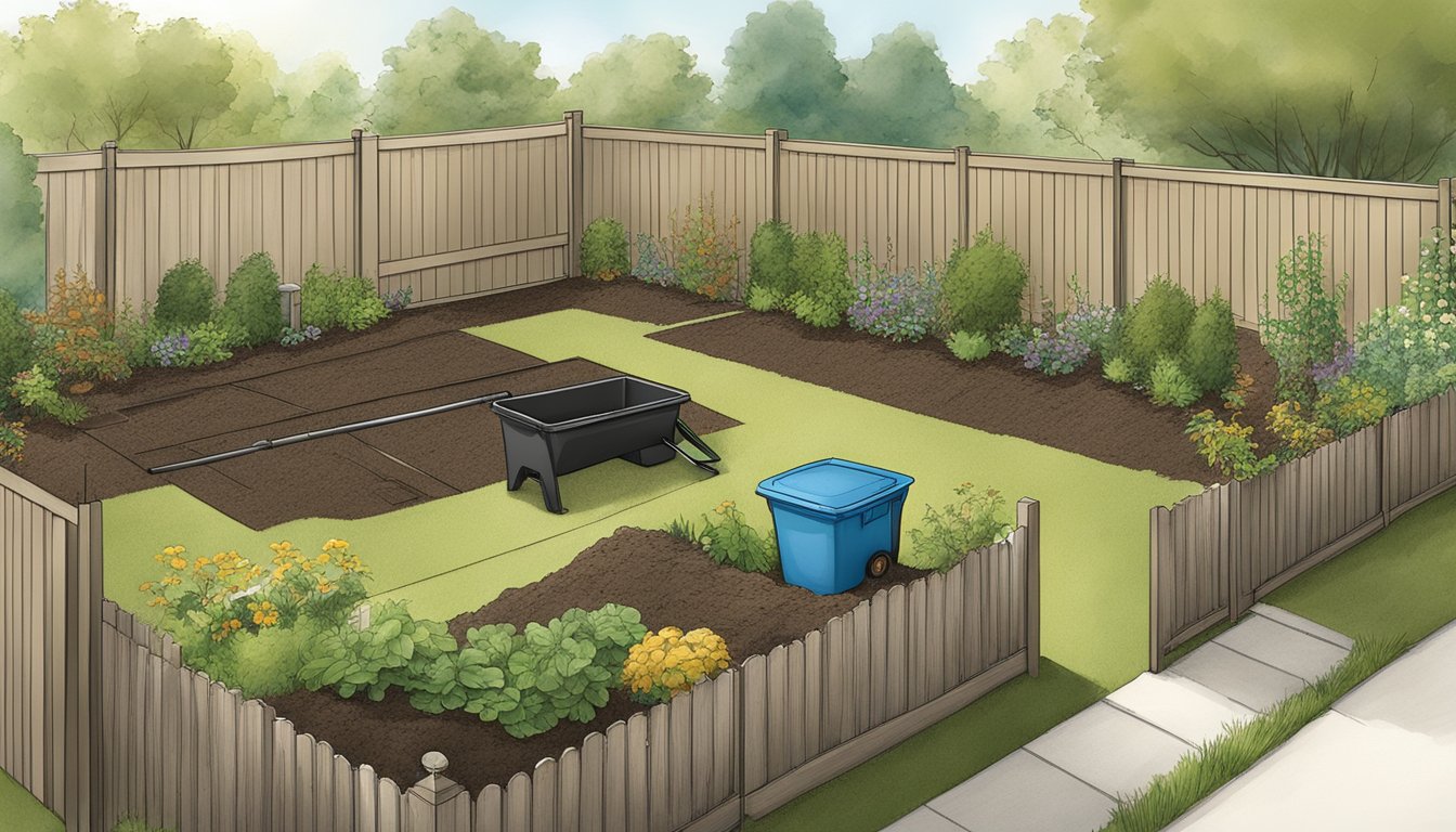 A backyard compost area with separate bins for green and brown materials, a turning tool, and a small shovel. Surrounding plants and a fence indicate a residential setting in Norfolk, VA