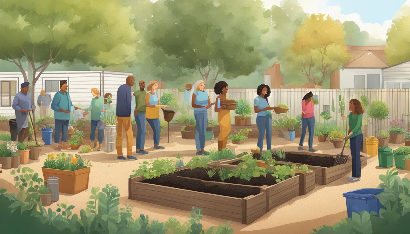 A group of people gather in a community garden, learning about composting. A compost bin and various gardening tools are scattered around the area