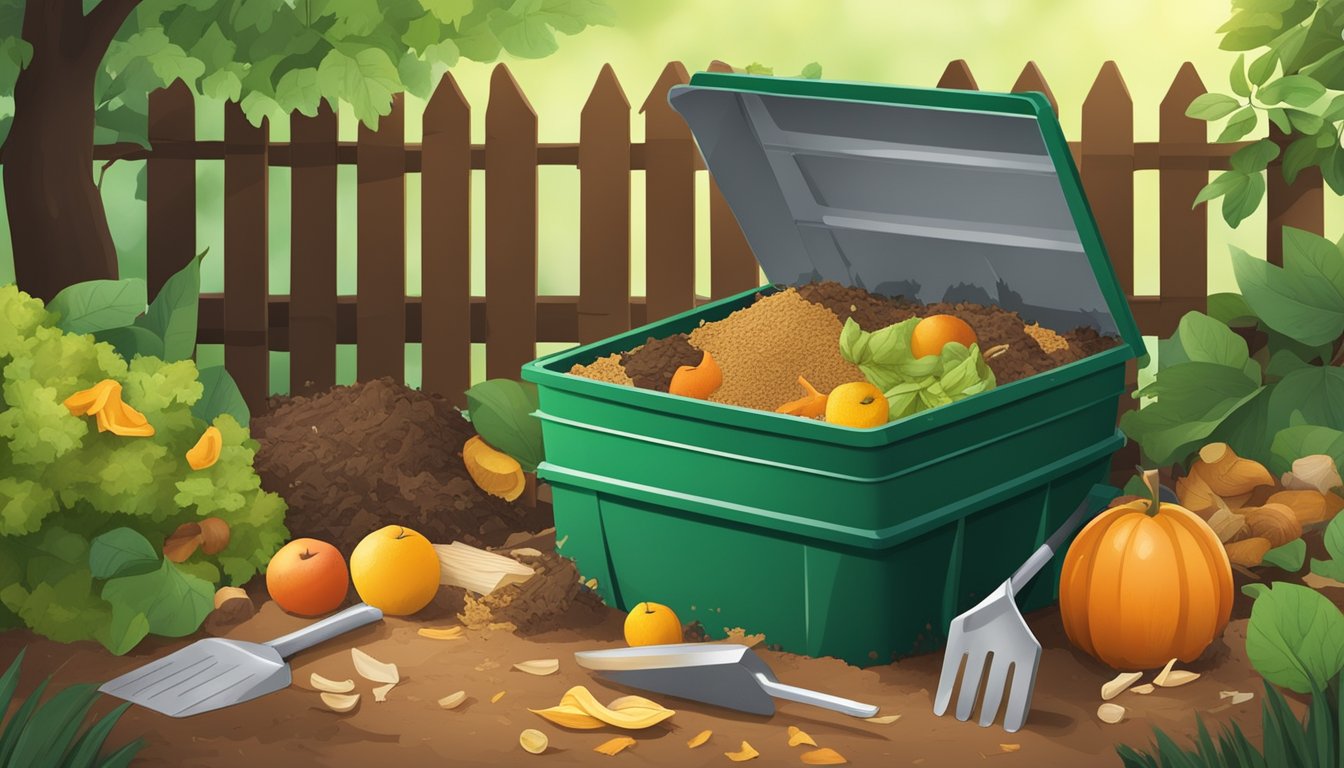 A backyard compost bin surrounded by a variety of organic waste materials such as fruit peels, vegetable scraps, and yard clippings, with a small shovel and gardening gloves nearby