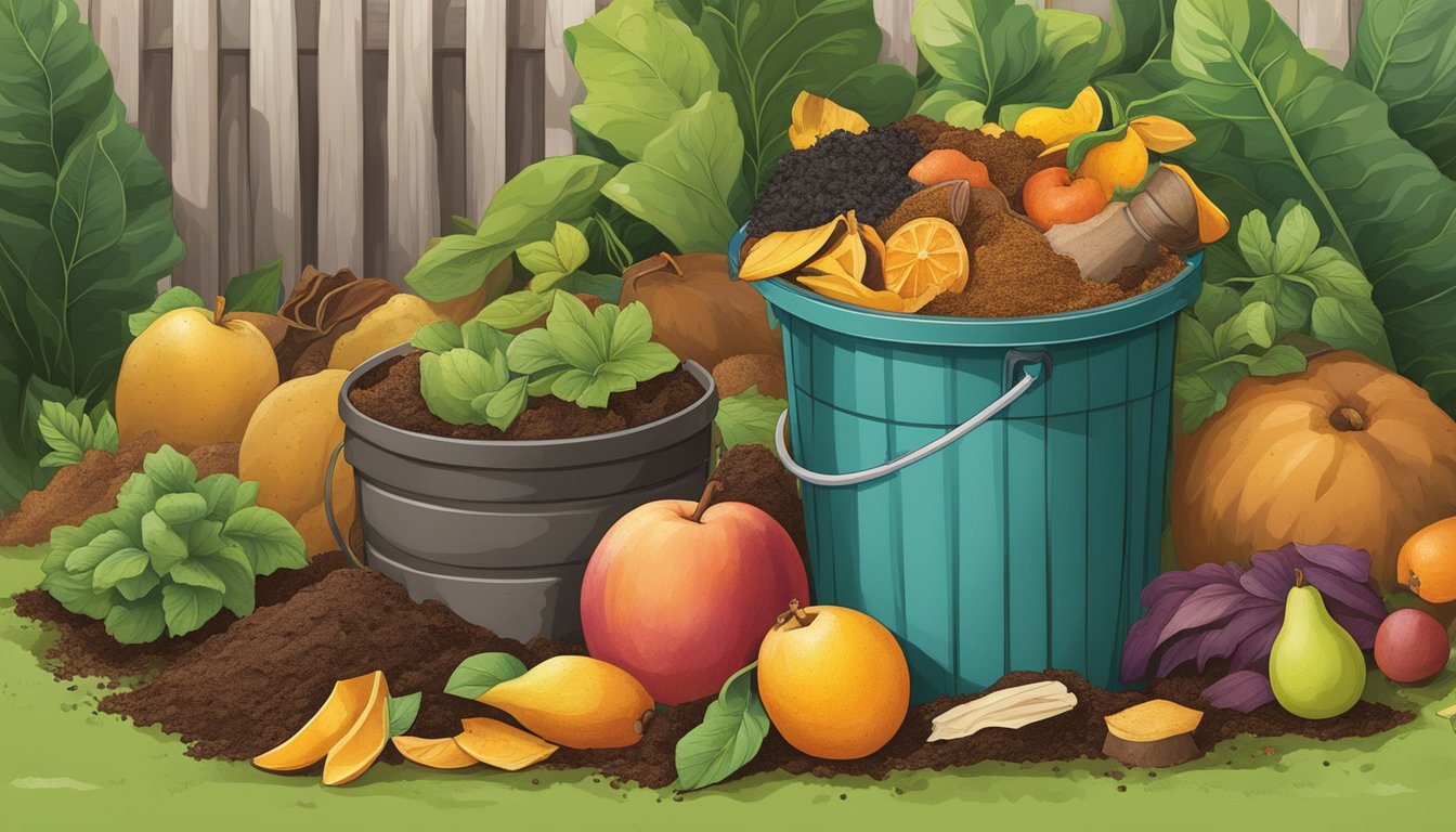 A variety of organic materials, such as fruit peels, coffee grounds, and yard waste, are piled together in a backyard compost bin