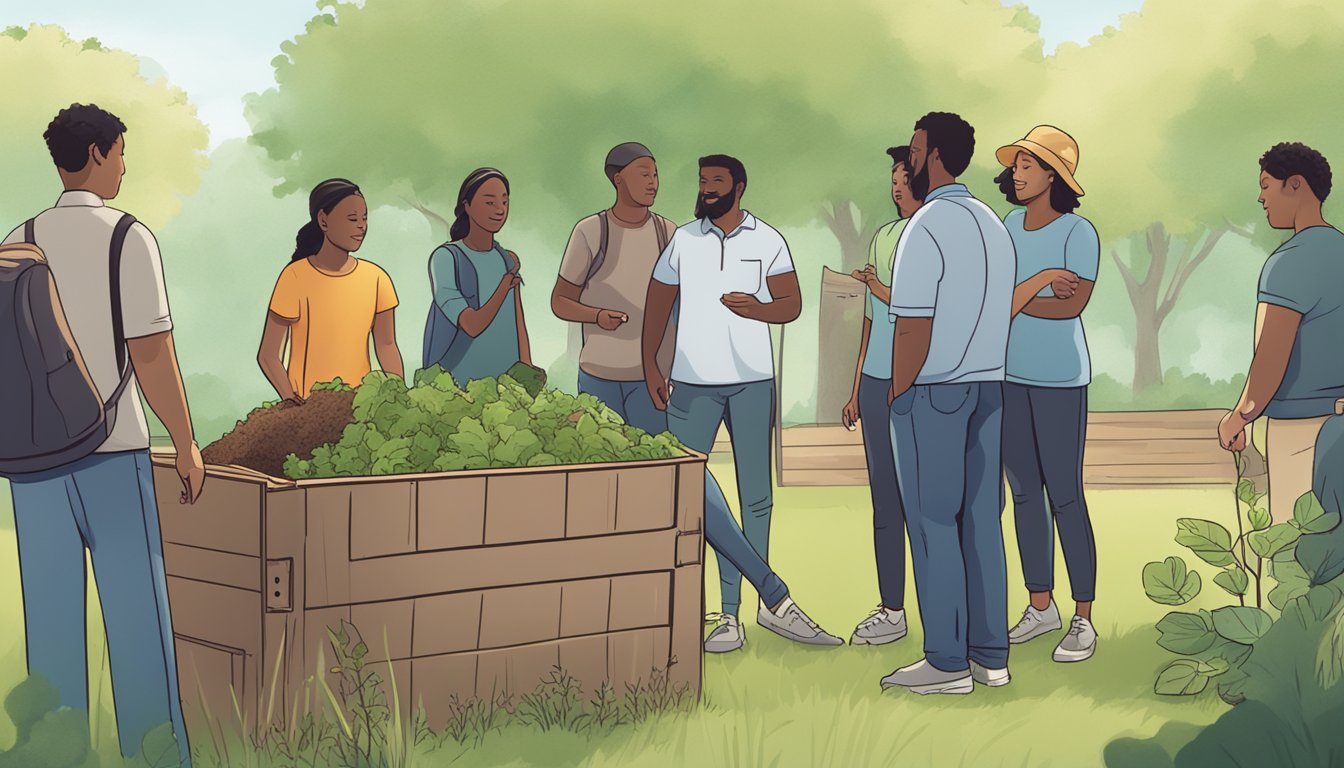 A group of people from the Norfolk community gather around a composting bin, learning and discussing the process of composting. The scene is set outdoors, with trees and greenery in the background