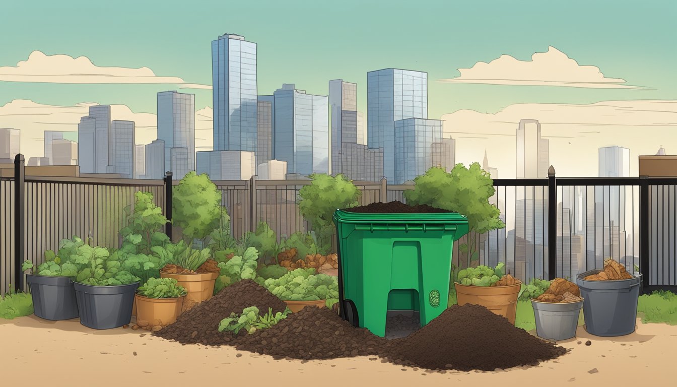 A backyard with a compost bin surrounded by kitchen scraps, yard waste, and a shovel. The city skyline is visible in the background