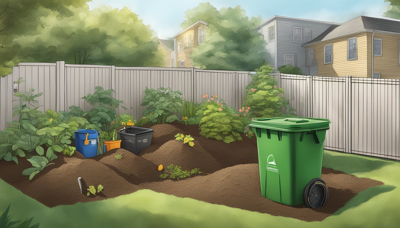 A backyard in Norfolk, VA with a compost bin, garden tools, and various organic waste materials being added to the pile