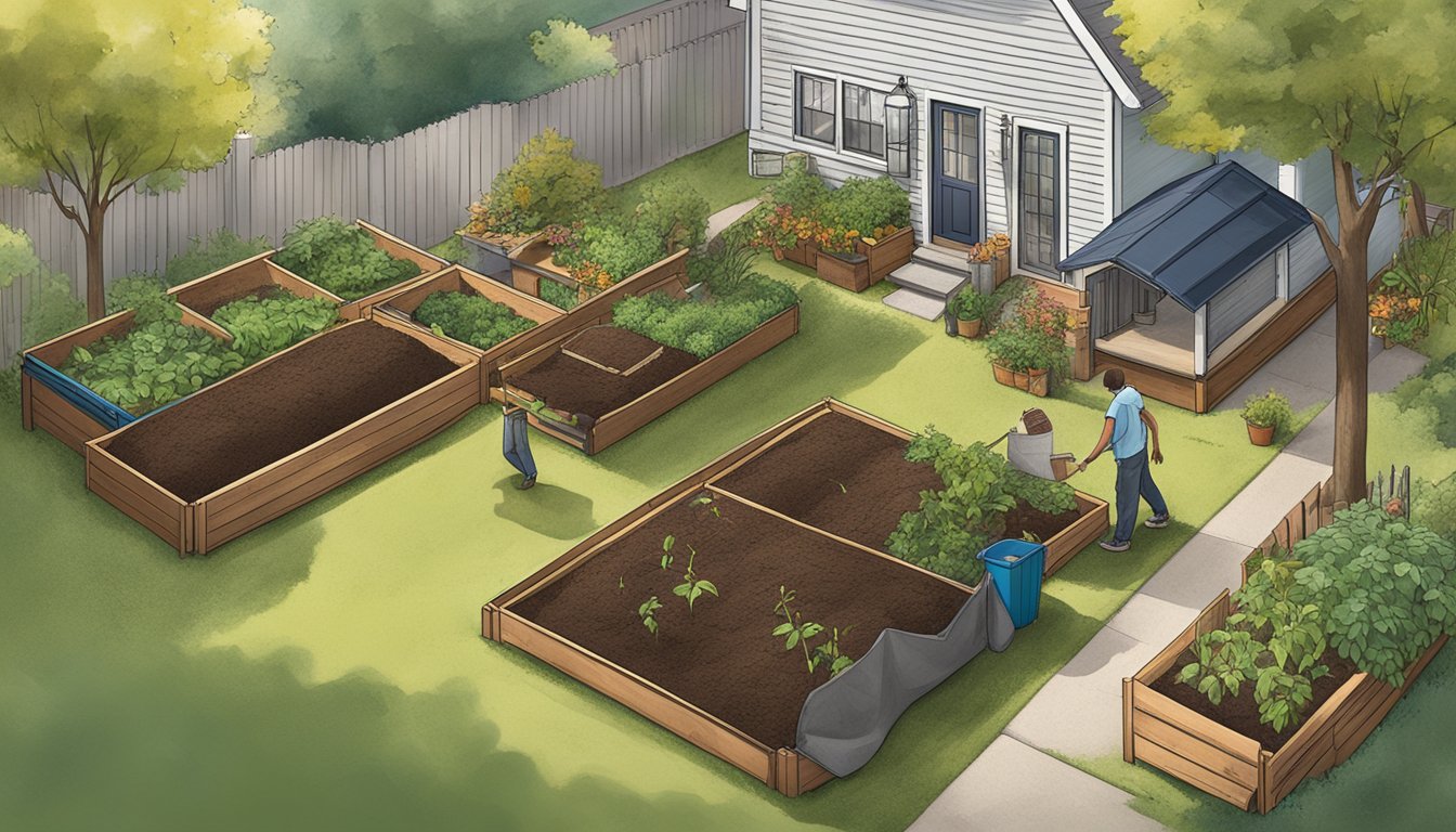 A backyard in Norfolk, VA with multiple composting bins, a variety of organic materials, and a person turning the compost with a pitchfork