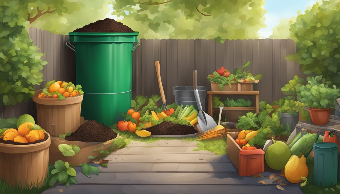 A backyard with a compost bin, garden tools, and a variety of organic waste such as fruit peels, vegetable scraps, and coffee grounds