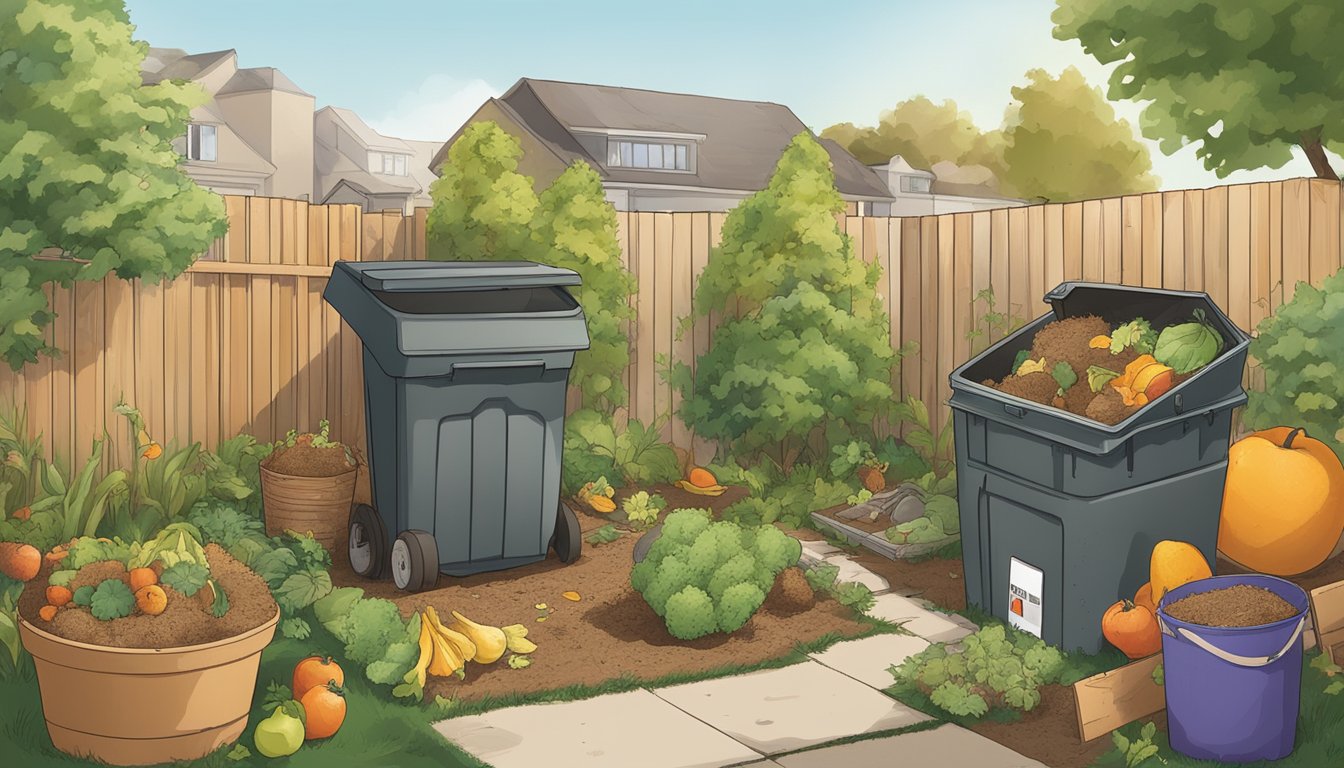 A backyard with a compost bin surrounded by various organic materials like fruit peels, vegetable scraps, and yard waste. A small sign reads "Materials To Compost guide to composting in West Valley City, UT."