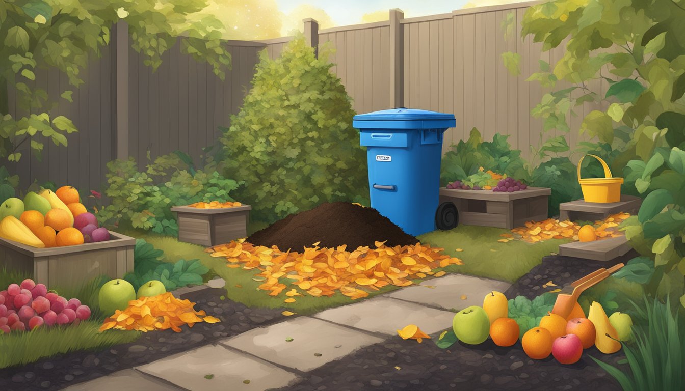 A backyard in Vancouver, WA with a compost bin, shovel, and various organic materials like fruit peels and leaves scattered around