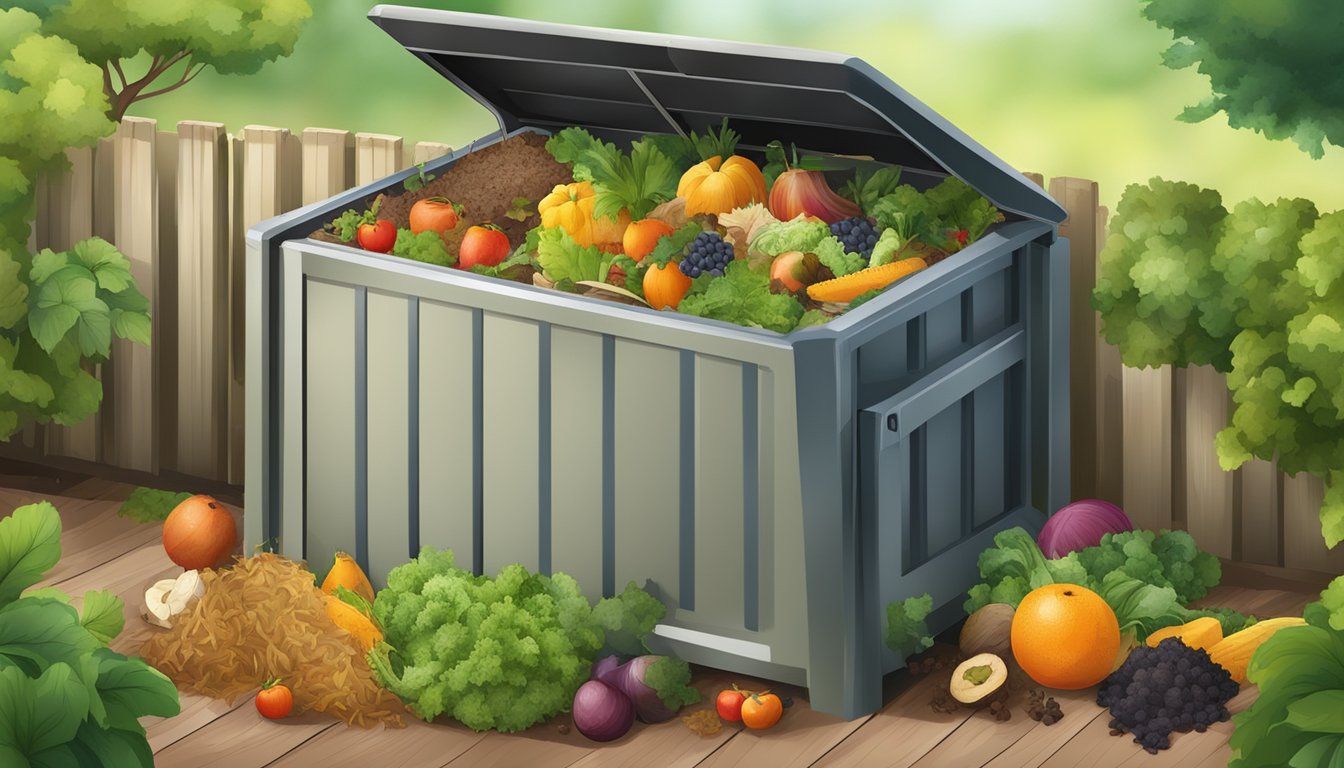 A backyard compost bin surrounded by a variety of organic waste, including fruit and vegetable scraps, leaves, and grass clippings