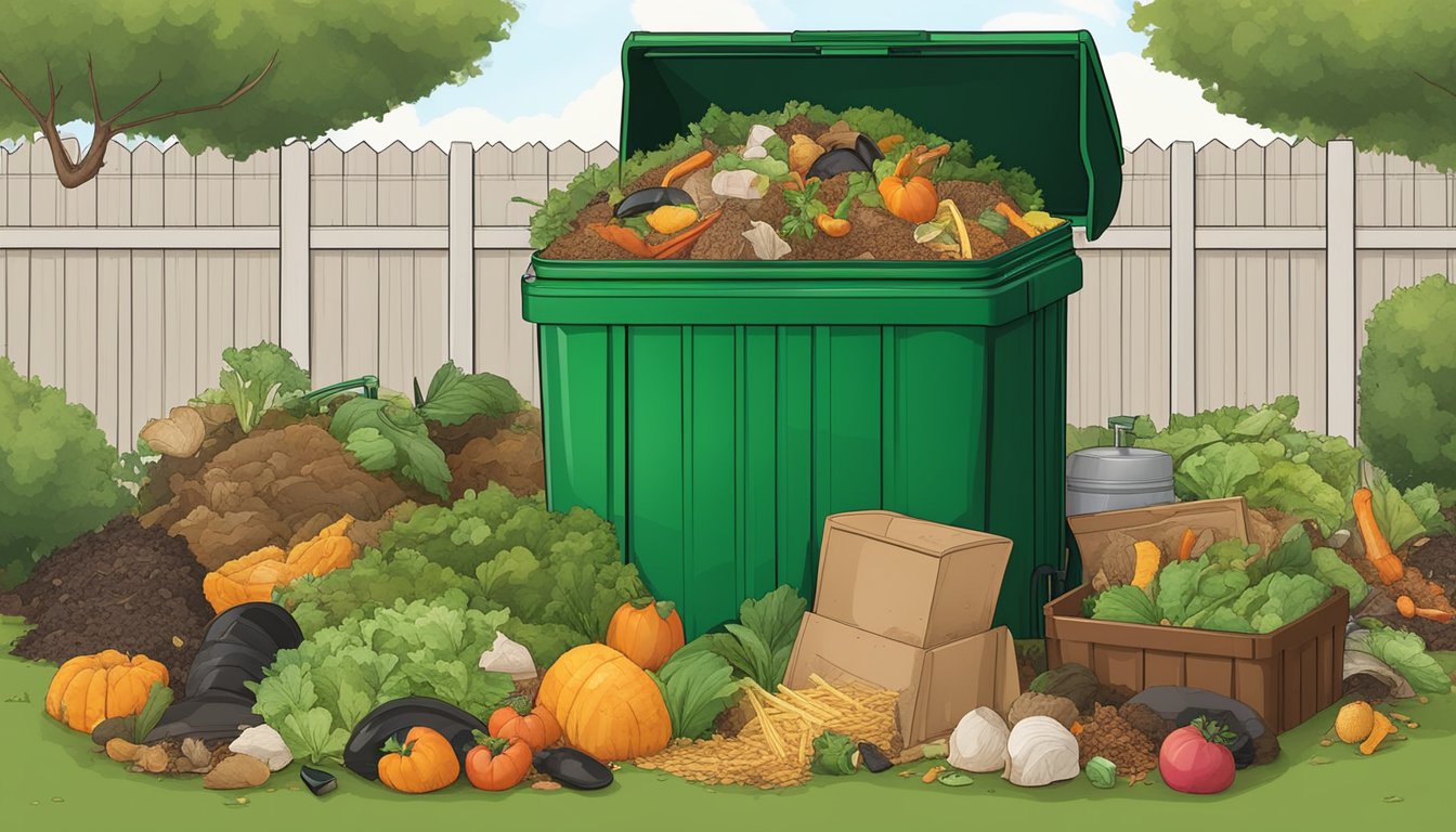 A backyard compost bin surrounded by a variety of food scraps, yard waste, and a shovel in West Valley City, UT