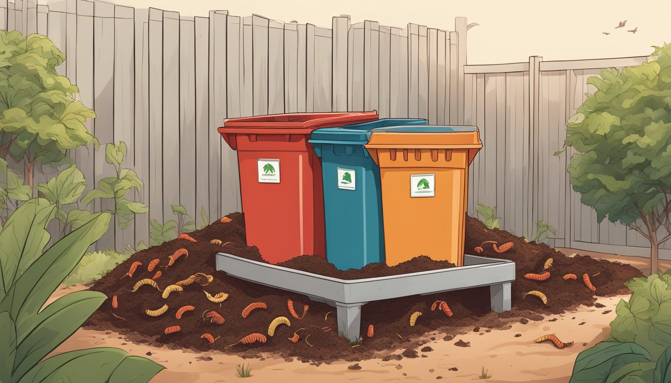 A worm bin sits in a backyard, filled with organic waste. Red worms crawl through the compost, breaking down the material. A person adds more food scraps to the bin