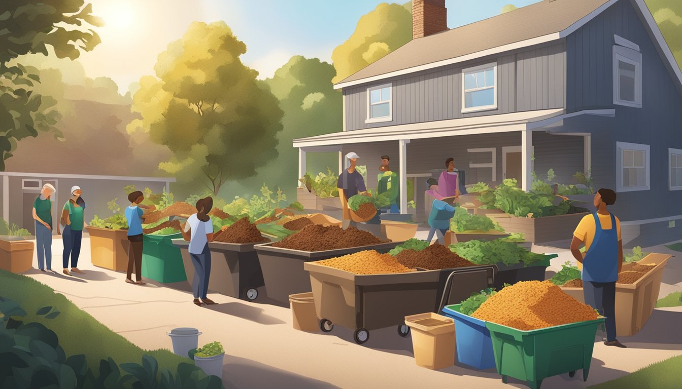 A diverse group of residents gather around a communal composting station, adding food scraps and yard waste to the pile. The sun shines overhead as the composting process begins