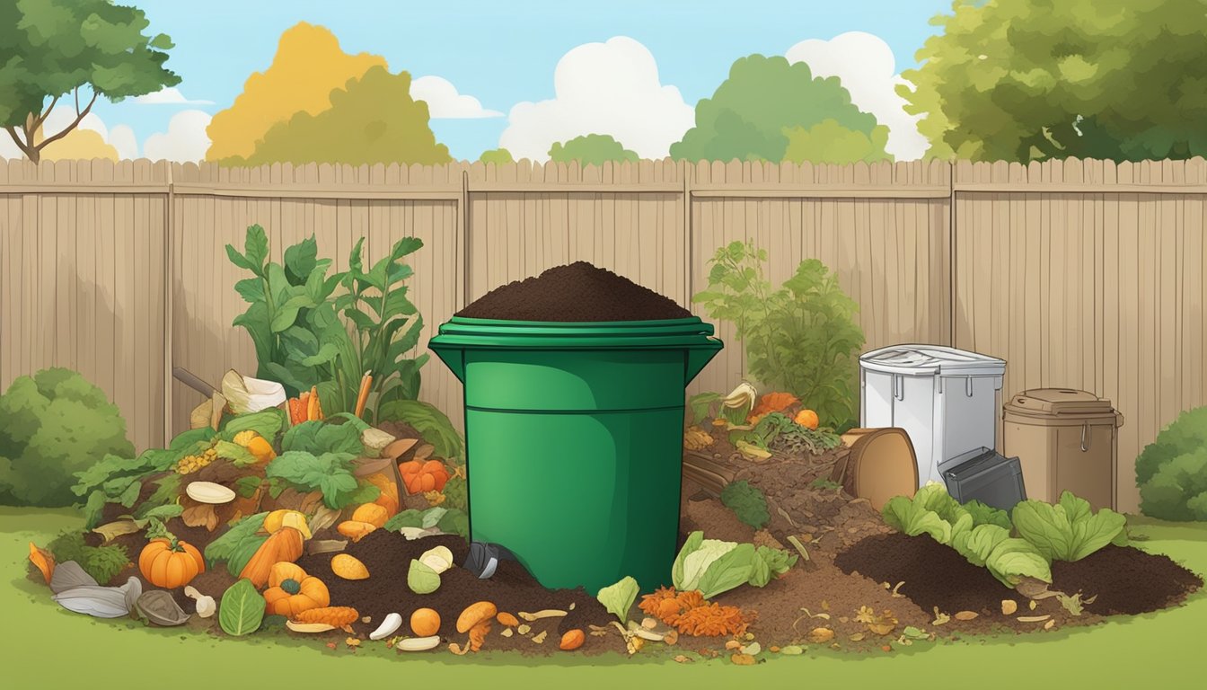 A backyard compost bin surrounded by various food scraps and yard waste, with a guide to composting open nearby