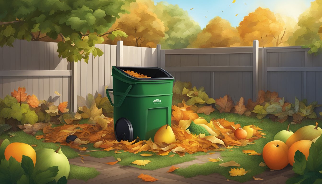 A backyard garden with a compost bin surrounded by various organic waste materials such as fruit peels, vegetable scraps, and fallen leaves