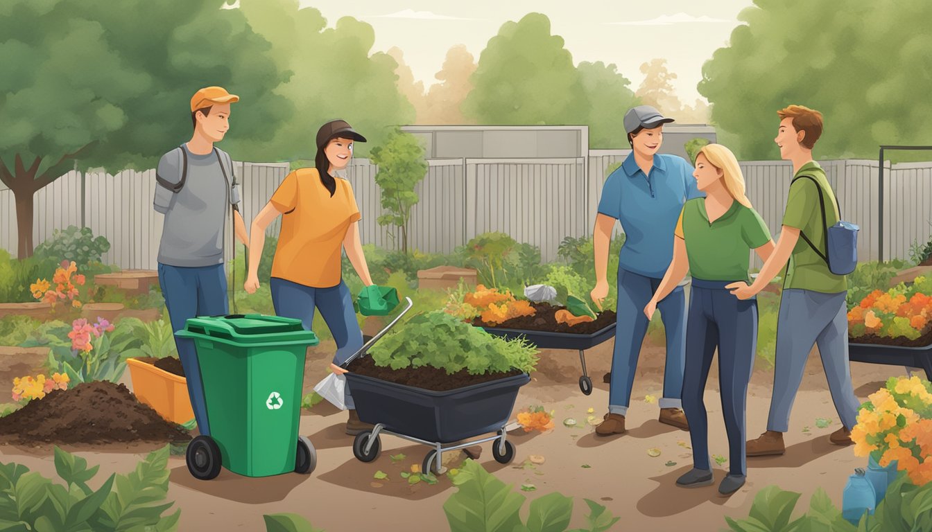 A group of people in Vancouver, WA, are working together to compost, surrounded by gardens and recycling bins