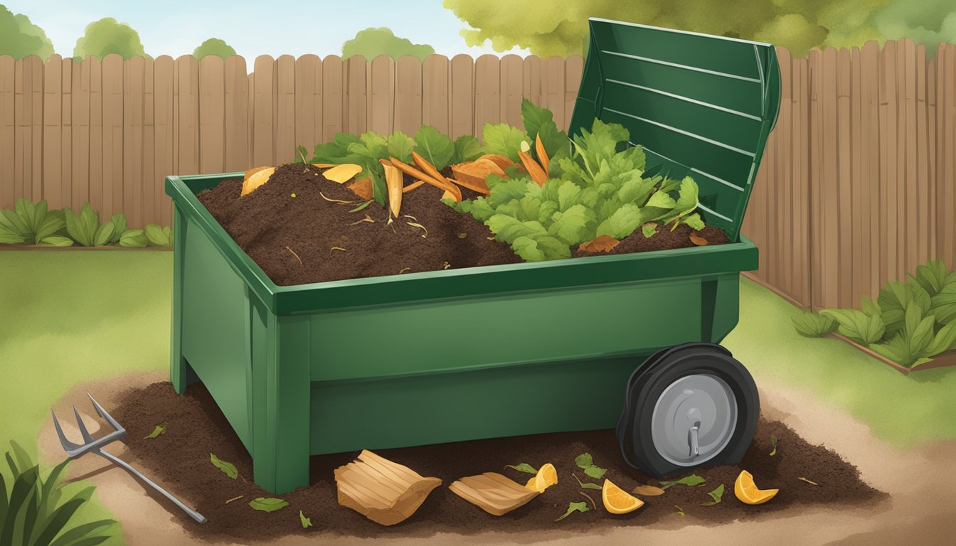 A backyard compost bin with a mix of green and brown materials, including food scraps, leaves, and twigs, being turned with a pitchfork