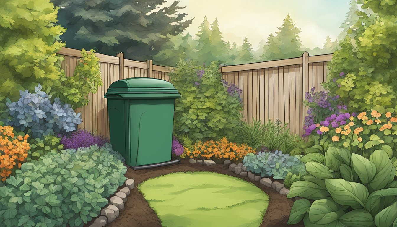 A lush garden in Bellevue, WA, with a compost bin surrounded by thriving plants and rich soil, following the guidelines in Your Rich Compost guide