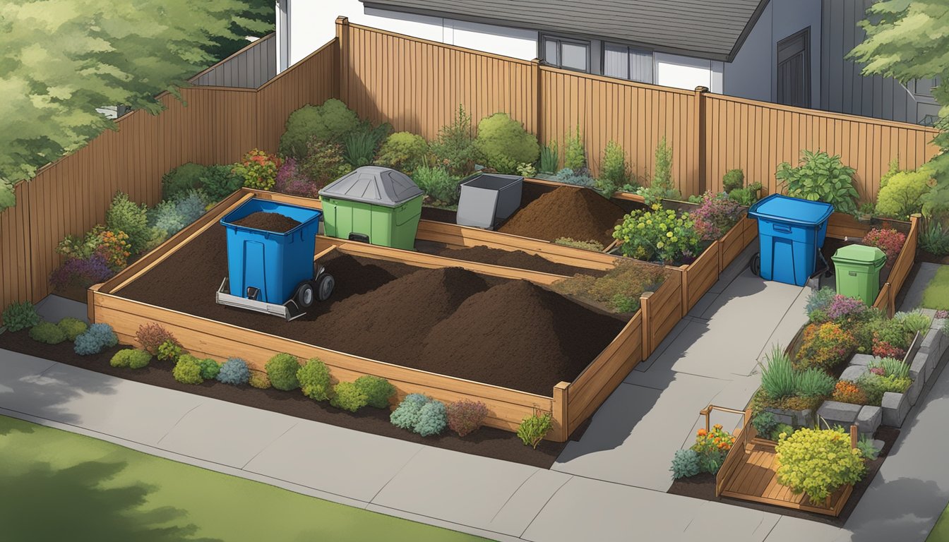 A backyard in Vancouver, WA with multiple composting bins, a variety of organic materials being mixed, and a small garden nearby