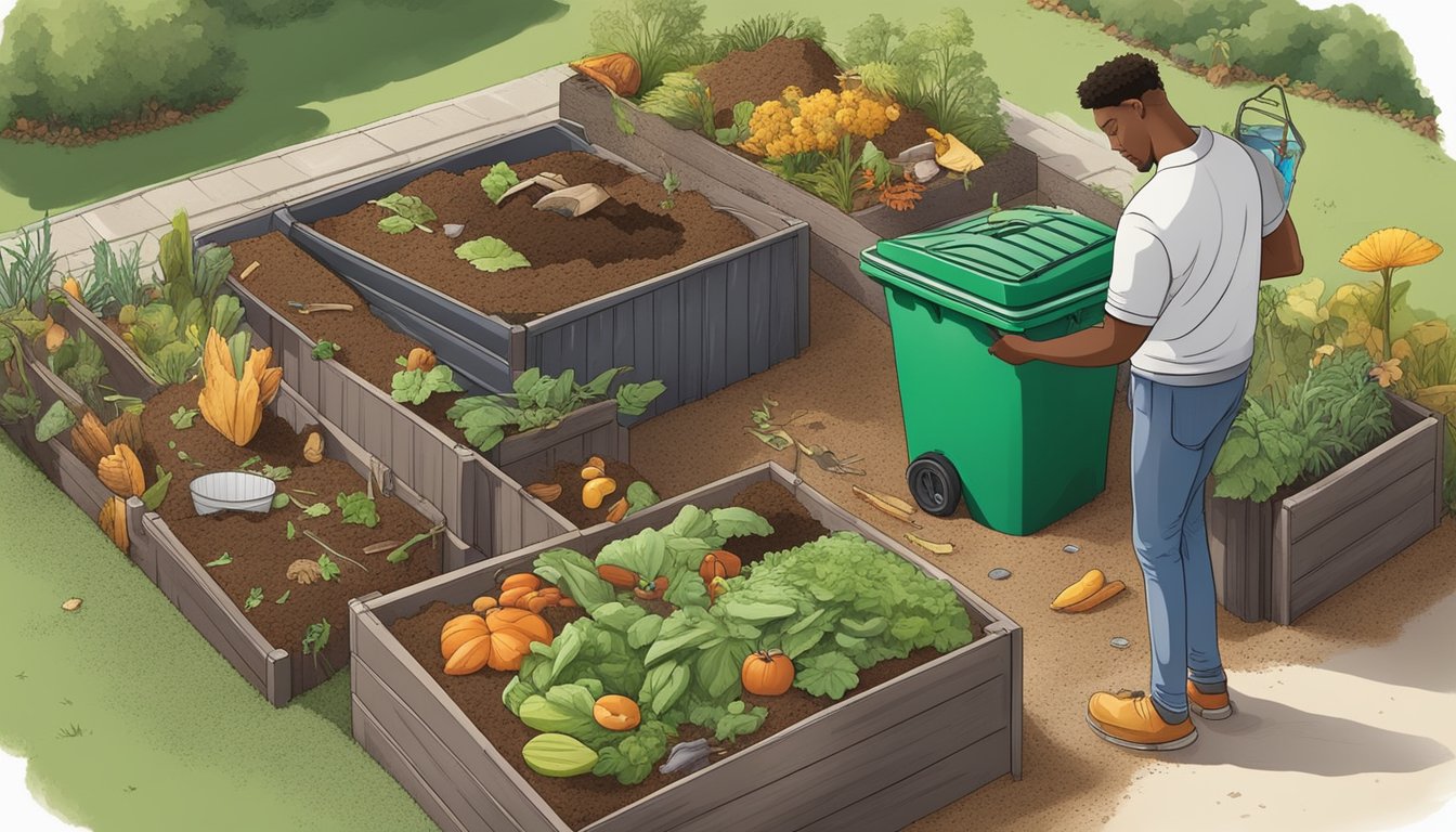 A person placing food scraps and yard waste into a compost bin in a backyard garden, surrounded by a variety of composting resources and guides