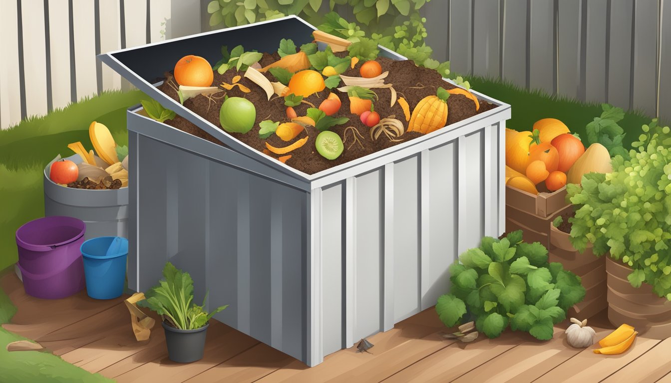 A backyard compost bin surrounded by a variety of organic waste materials, such as fruit peels, vegetable scraps, and yard clippings