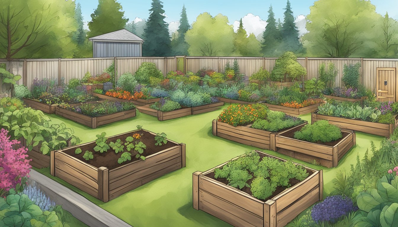 A thriving community garden with compost bins and diverse plant life in Bellevue, WA