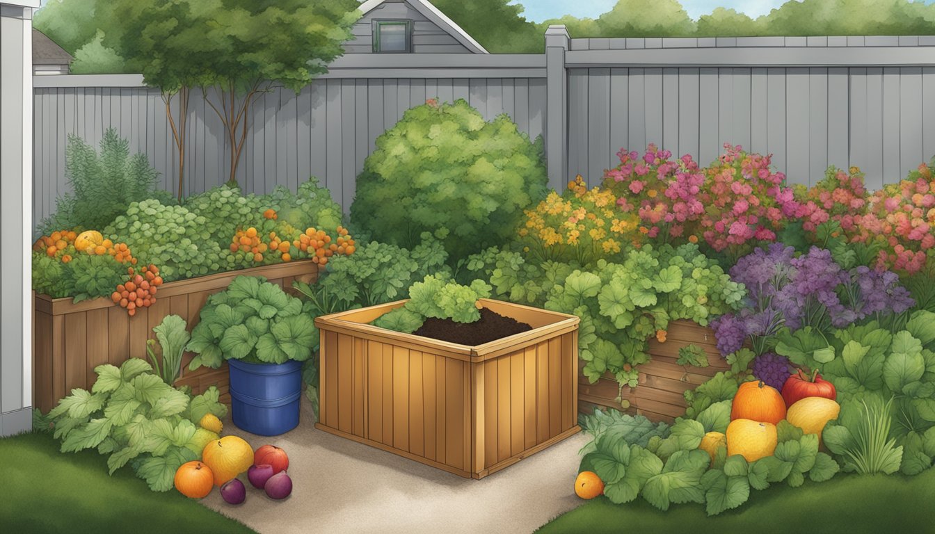 A backyard garden in Hampton, VA with a compost bin surrounded by various organic materials, including fruit and vegetable scraps, leaves, and grass clippings