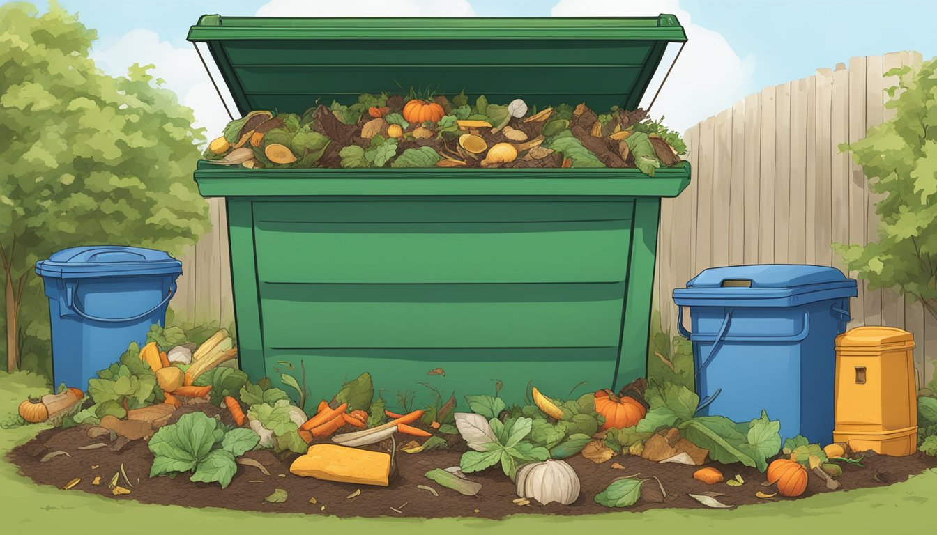 A backyard compost bin surrounded by various food scraps and yard waste in Hampton, VA