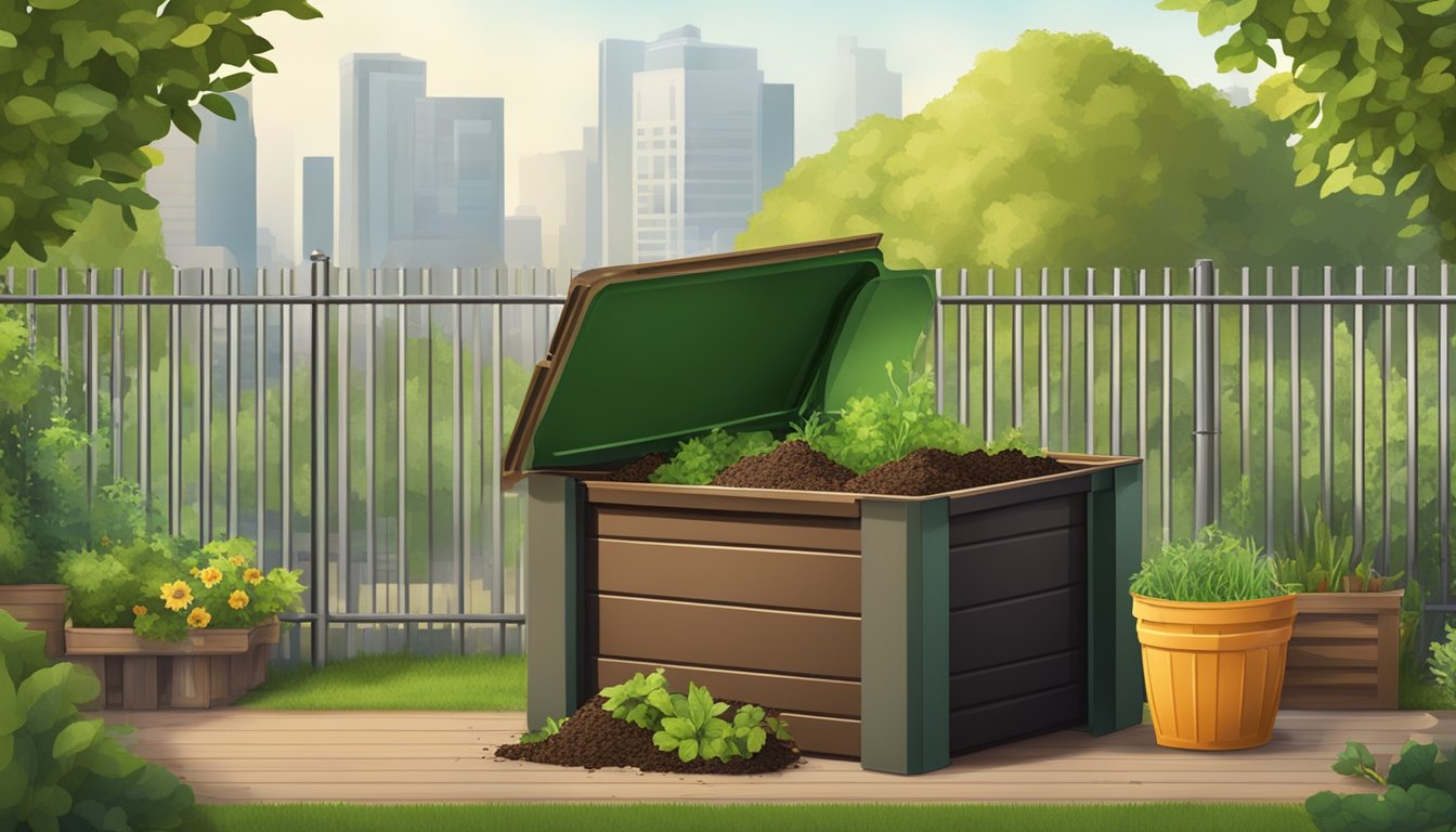 A backyard compost bin with a mix of green and brown materials, surrounded by a garden and a cityscape in the background