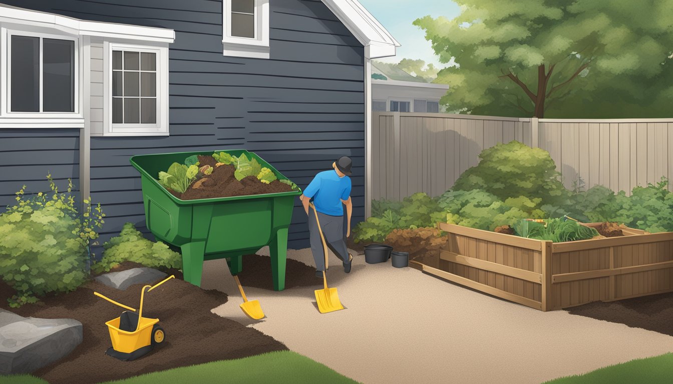 A backyard in Hampton, VA with a compost bin, a shovel, and various organic waste materials being added to the bin