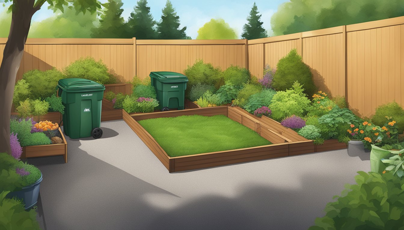 A backyard in Renton, WA with a compost bin surrounded by a variety of green waste materials such as grass clippings, leaves, and kitchen scraps