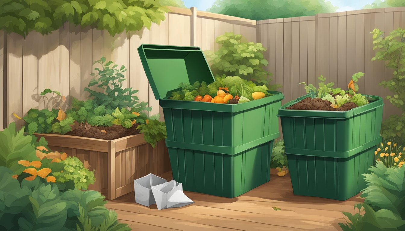 A backyard compost bin with a mix of food scraps, yard waste, and paper products surrounded by greenery and a small garden