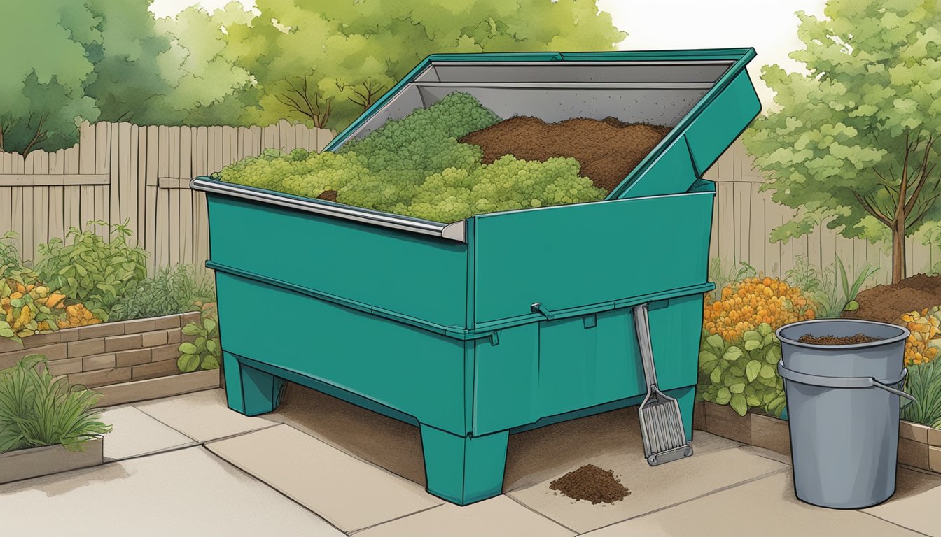 A diverse array of organic materials, from food scraps to yard waste, are carefully layered and aerated in a large compost bin in a backyard in Milwaukee, WI