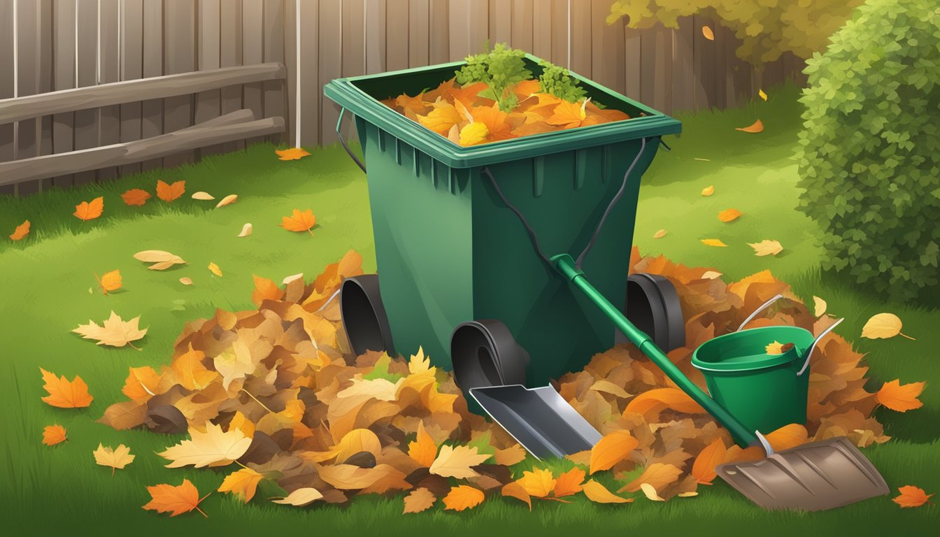 A backyard compost bin surrounded by a variety of organic waste, with a shovel and gardening tools nearby. Fallen leaves and grass clippings are piled nearby