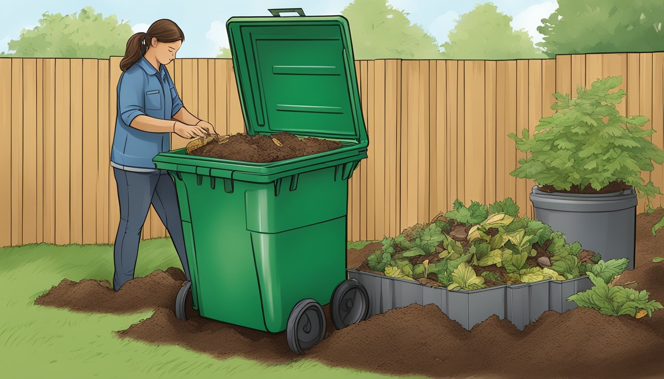 A person placing food scraps and yard waste into a designated compost bin in their backyard according to Renton's composting regulations