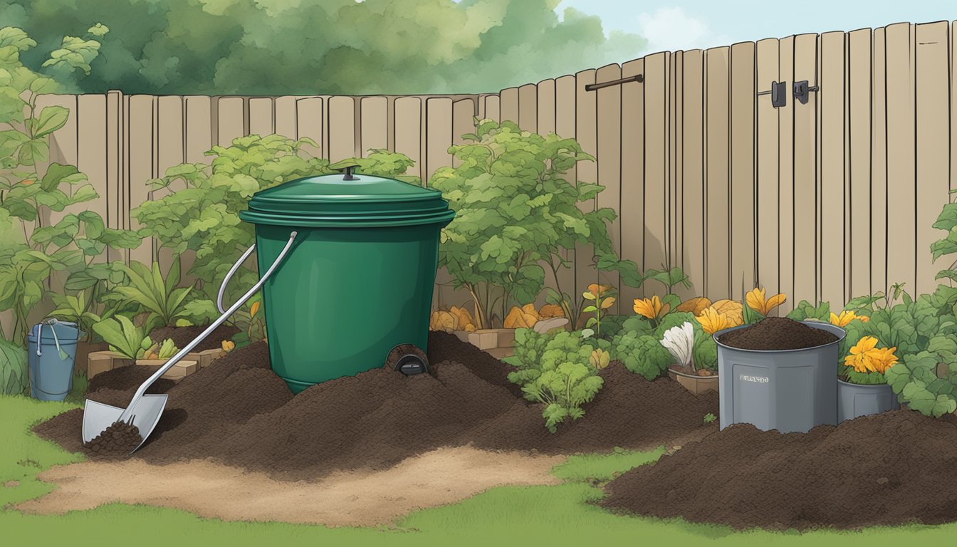 A backyard in Milwaukee with a compost bin surrounded by various organic materials and a shovel. The bin is steaming, indicating active composting