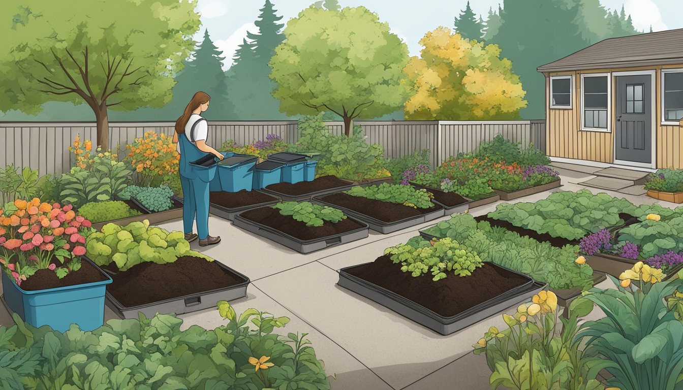 A lush garden in Renton, WA with multiple composting bins, a variety of organic materials, and a person tending to the compost