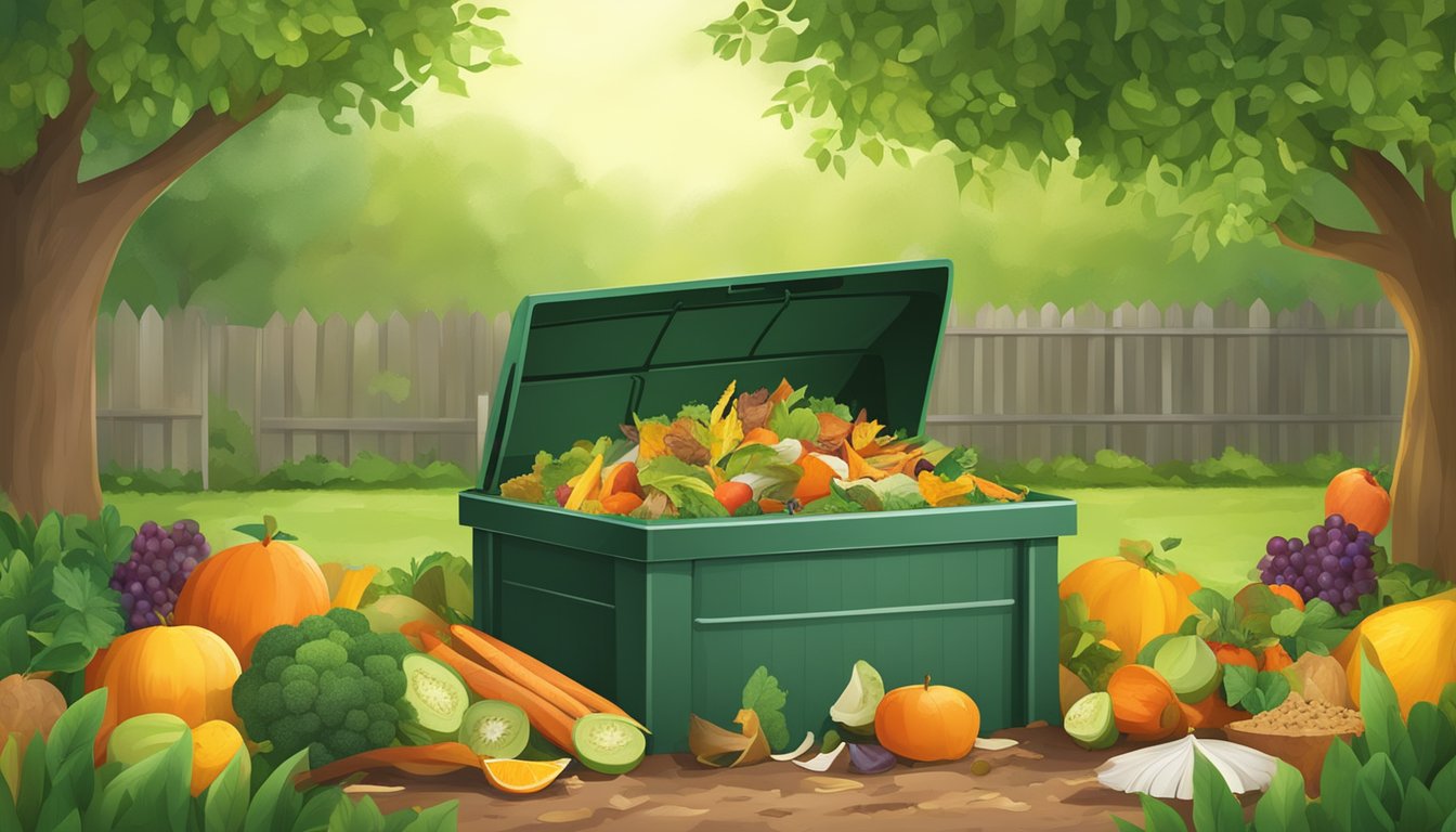 A backyard compost bin surrounded by a variety of organic waste, including fruit peels, vegetable scraps, and yard clippings, with a lush garden in the background