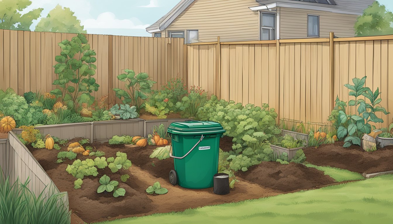 A backyard in Milwaukee, WI with a compost bin surrounded by various food scraps and yard waste. A small garden nearby shows signs of healthy, thriving plants