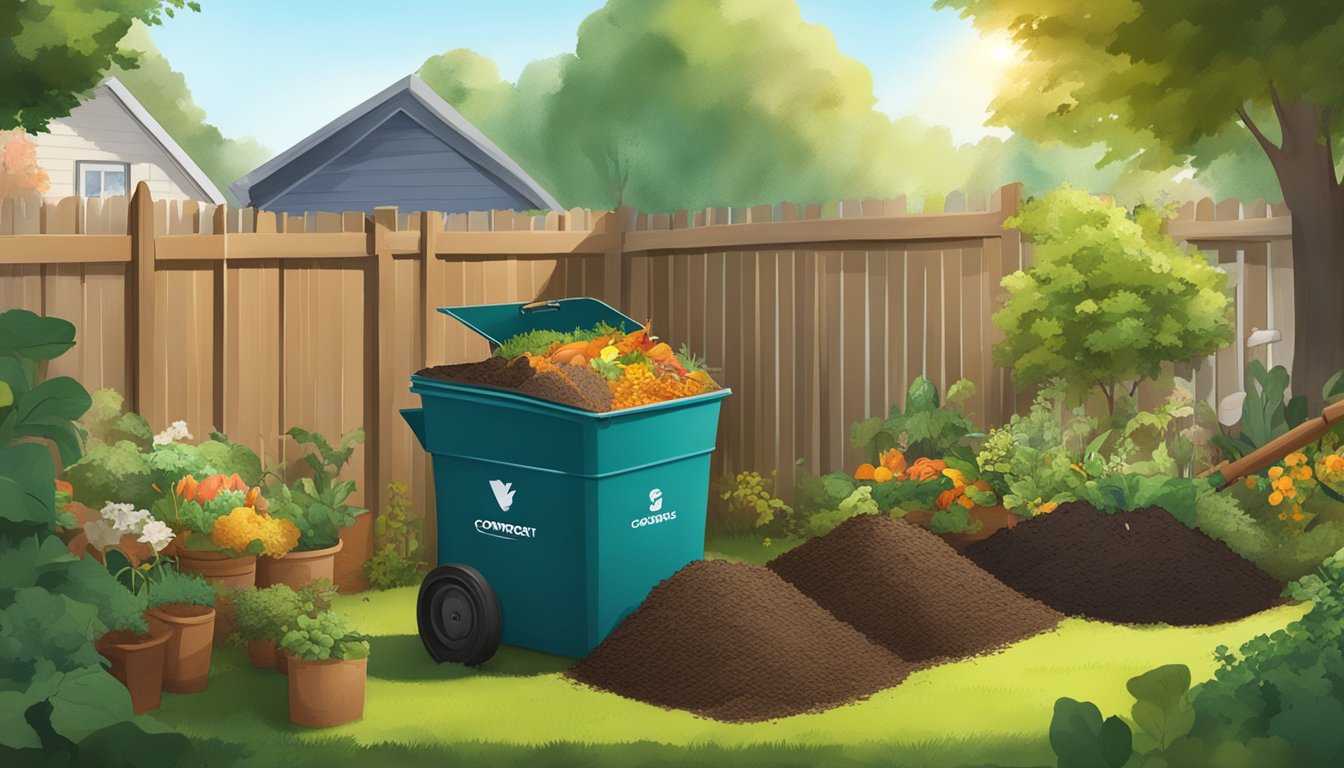 A sunny backyard with a compost bin, garden tools, and a variety of organic waste being added to the compost pile