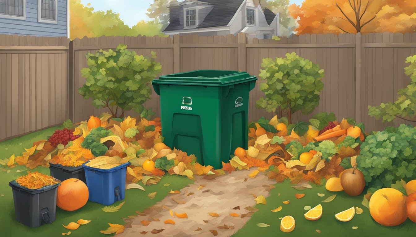 A backyard in Richmond, VA with a compost bin surrounded by a variety of organic waste, including fruit peels, vegetable scraps, and fallen leaves