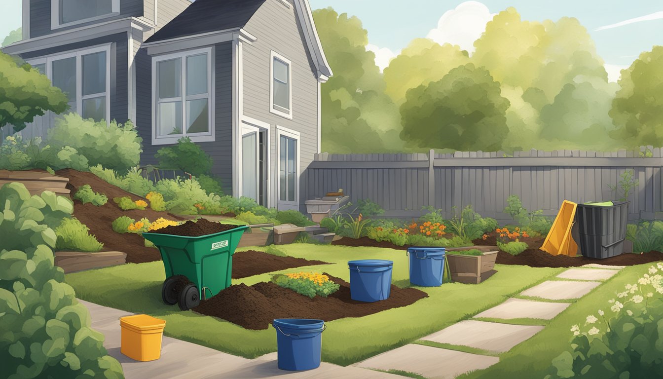 A backyard in Richmond, VA with a compost bin, a shovel, and various organic materials spread out on the ground for setting up a composting system