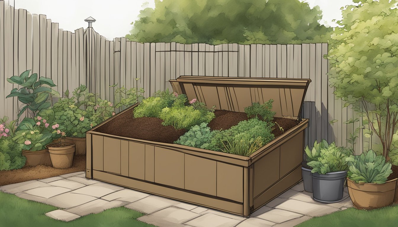 A backyard compost bin with a mix of green and brown materials, surrounded by a lush garden in Richmond, VA