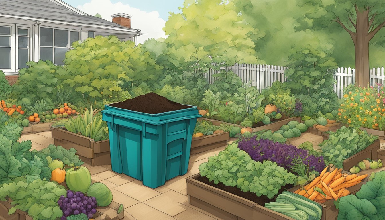 A lush garden in Richmond, VA with a compost bin, fruit and vegetable scraps, and a variety of compostable materials being turned into nutrient-rich soil