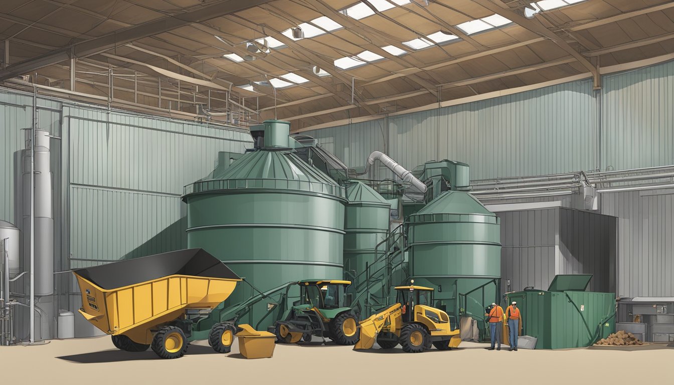 A bustling composting facility in Richmond, VA, with large bins, machinery, and workers tending to the process