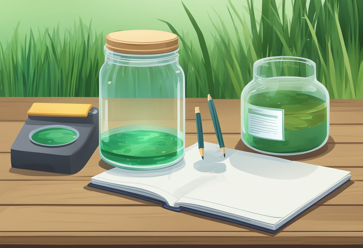 A clear glass jar filled with murky pond water, a small testing kit, and a notebook with recorded data on a wooden table next to a green pond