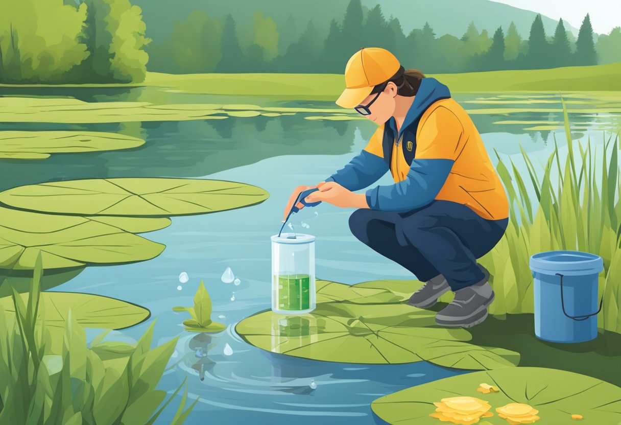 A person using test kits and equipment to collect and analyze pond water samples