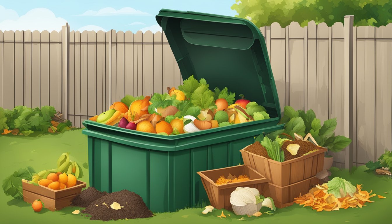 A backyard compost bin surrounded by a variety of organic waste materials such as fruit peels, vegetable scraps, and yard trimmings