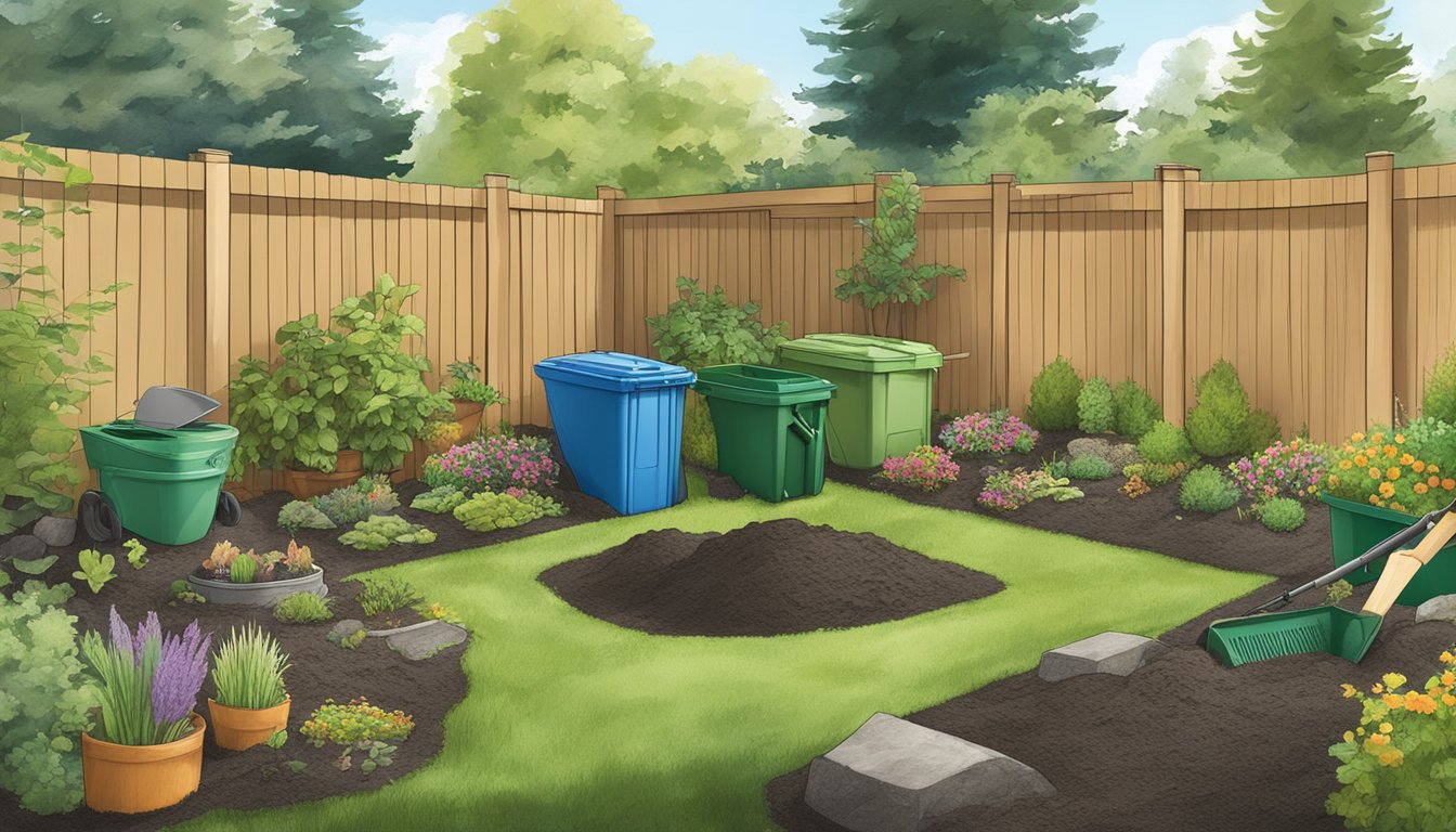 A backyard in Everett, WA with a compost bin, gardening tools, and a variety of organic waste materials being added to the bin