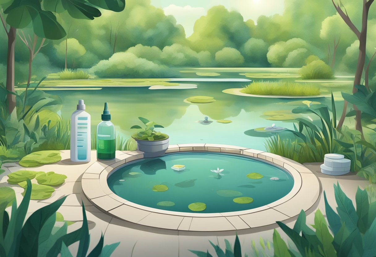 A serene pond with murky water, surrounded by lush greenery. A test kit and various water treatment solutions are laid out on a nearby table